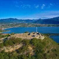 Aerial photography with drone, Rocca di Manerba in Garda lake,It